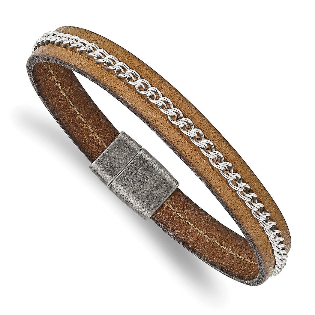 10mm Stainless Steel Artisan Oxidized Brushed Brown Leather With Polished Chain Bracelet 8.25 Inch Link-Bracelet for Wom