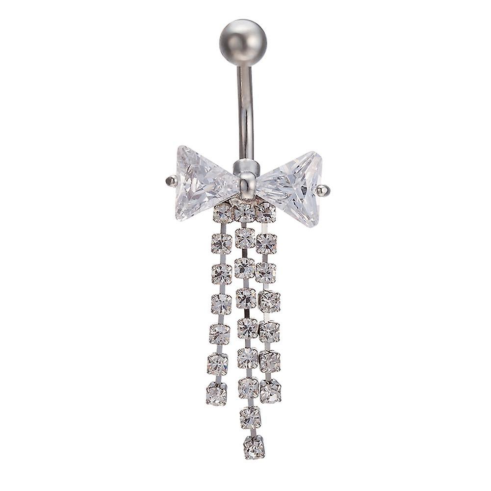 Lady Exquisite Rhinestone Bowknot Dangle Belly Button Ring Tassel Body Piercing