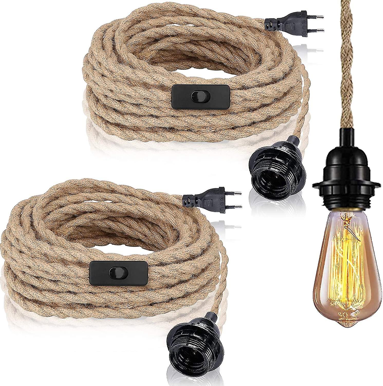 2 Pack Pendant Lights With Switch, Hemp Rope With 4.5m Cable, E27 Socket compatible Hall, Kitchen, Dining Table, Bar (without Bulb)-K