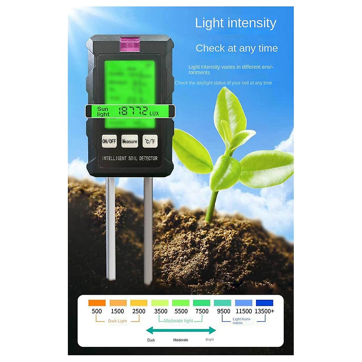 6 in 1 Soil PH Meter Tester Soil Tester PH Moisture Meter Temperature Sunlight Intensity Measurement Soil Acidity Test