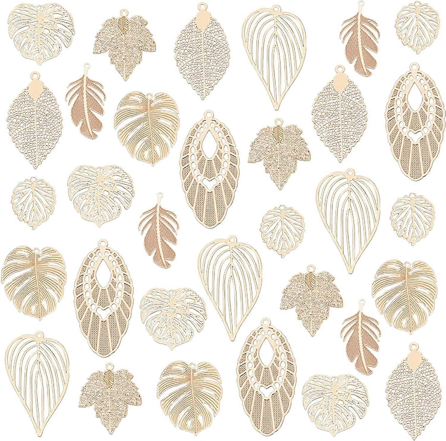 32pcs Tree Leaf Charms Brass Monstera Leaf Pendants Filligree Etched Maple Leaf