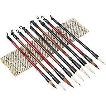 Set De 10 Pinceaux De Calligraphie Chinoise/japonaise - 10 Tailles, Poils De Loup - Sac En Bambou Inclus - Pour écriture, Aquarelle, Sumi-e