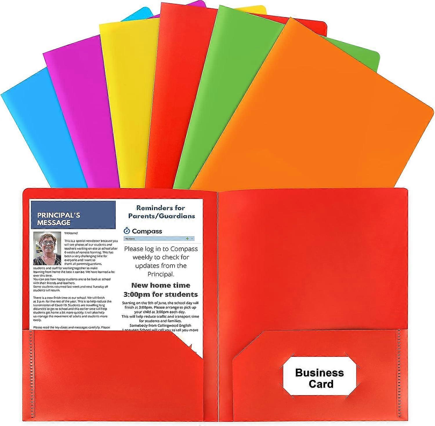 Plastic Folders with Pockets, 6 Color Heavy Duty Two Pocket Folder Business Card Holder for Office High School
