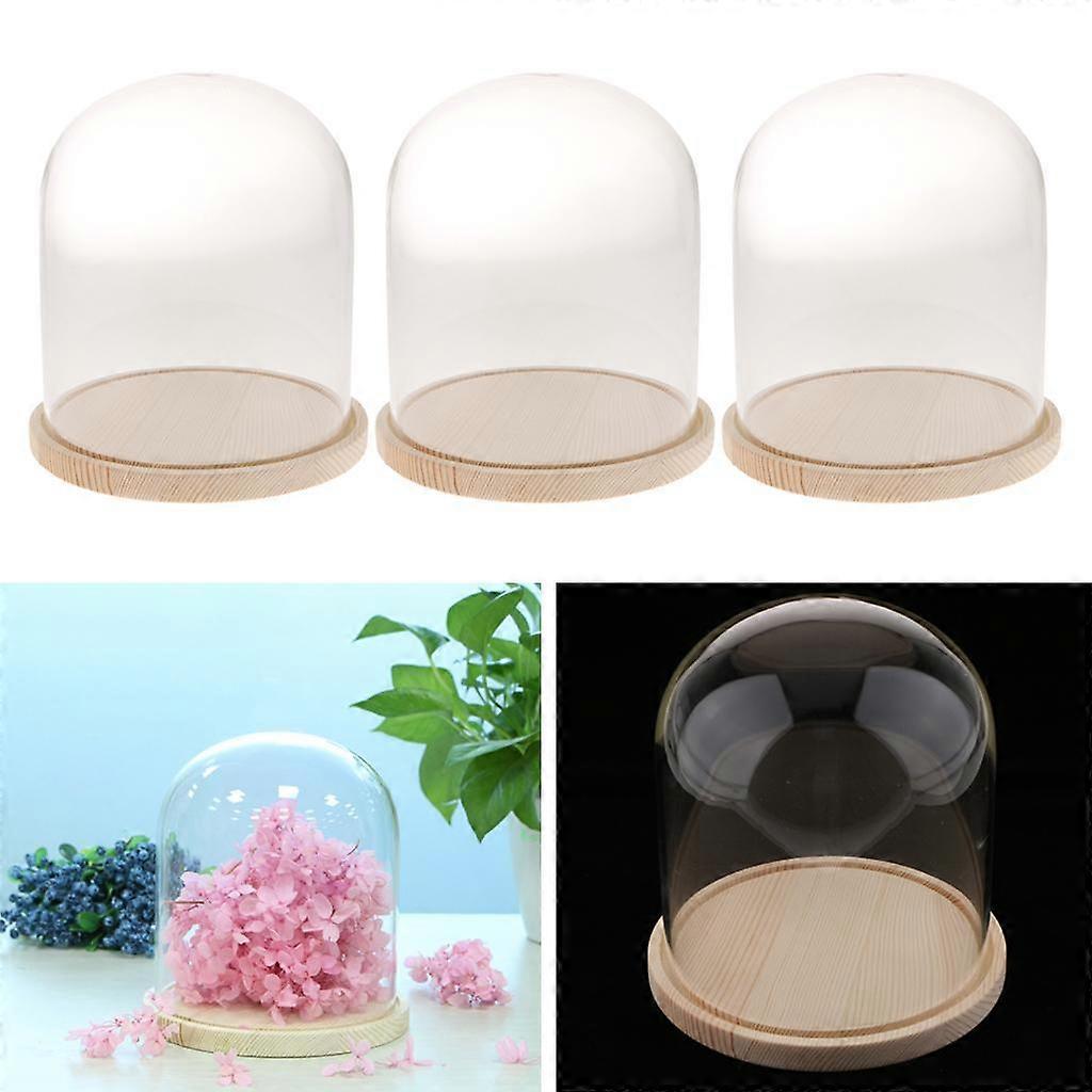 3pc dôme en verre en bois avec base en bois cloche verre couvercle porte-vase à fleurs