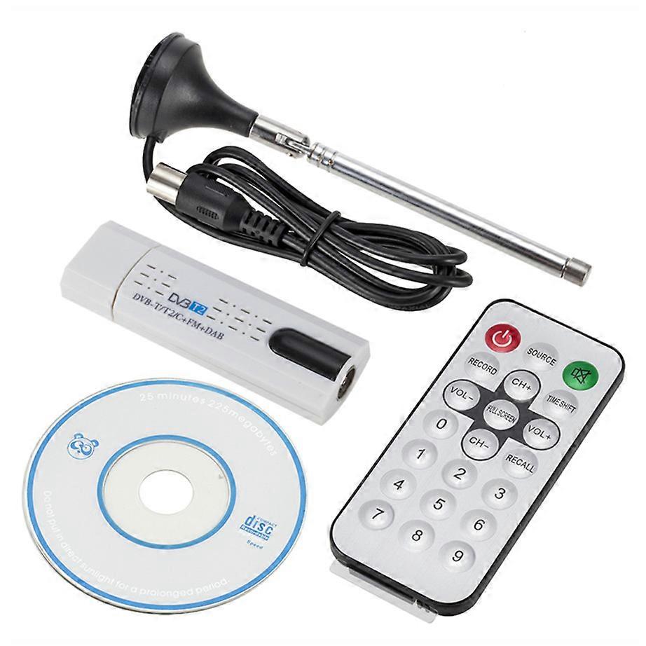 Satellite numérique DVB T2 USB 2.0 TV Stick Tuner avec antenne Télécommande HD USB TV Récepteur DVB-T2/DVB-T/DVB-C/FM/DAB USB TV Stick White