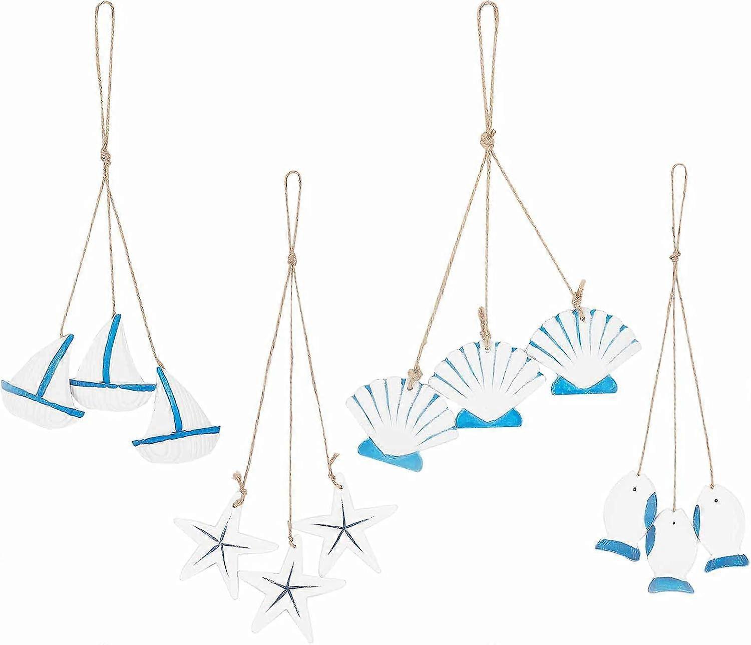 12Pcs 4 Styles Wooden Nautical Hanging Decoration Mini Beach Ornament Set Anchor Starfish Shell Ship Hangings Home Decor for Home Wall Decoration
