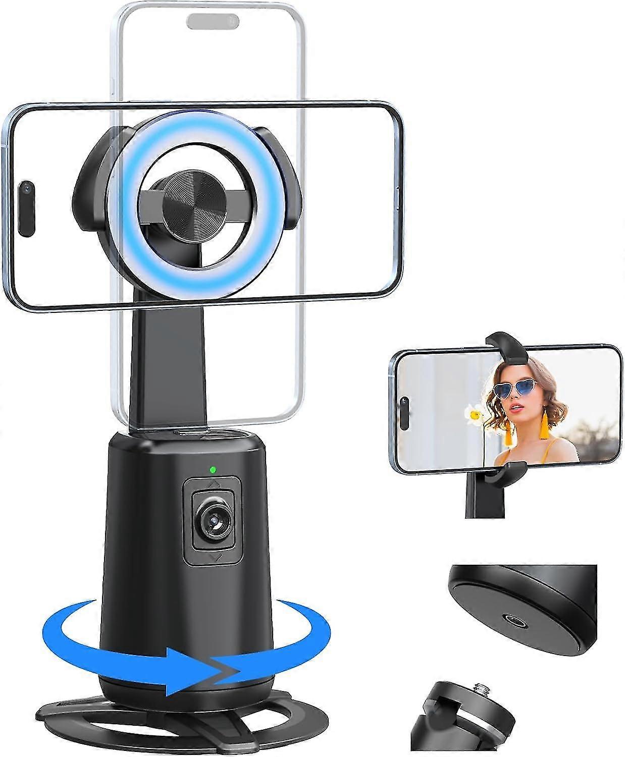 Auto Face Tracking Tripod, Magnetic Auto Face Tracking Phone Holder with 360 Rotation, No APP Portable Smart Body Shooting Camera Mount for Live Vlog