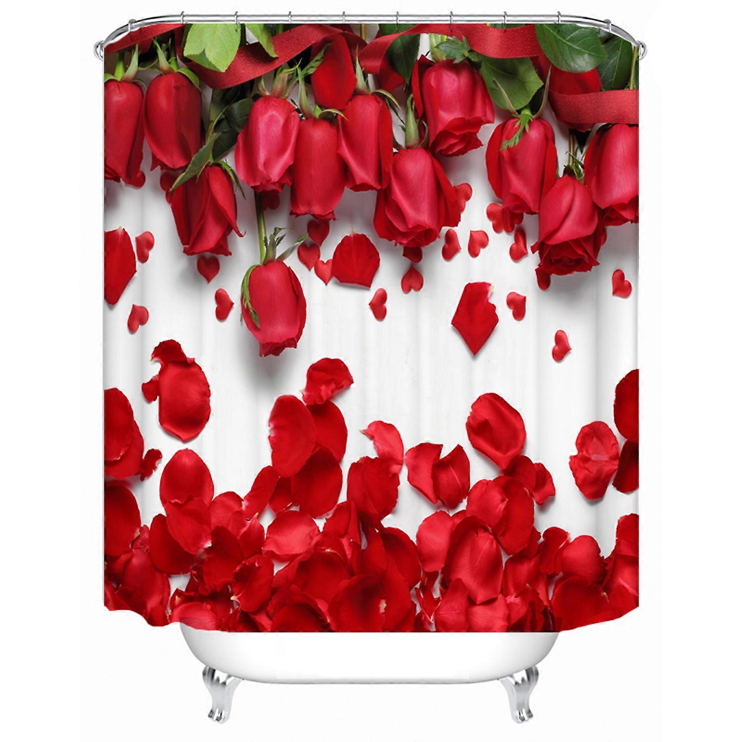 Valentines Romantic Shower Curtain with Red Roses and Hearts Pattern with Non-Slip Mat, Toilet Mat, Bath Mat and Hooks