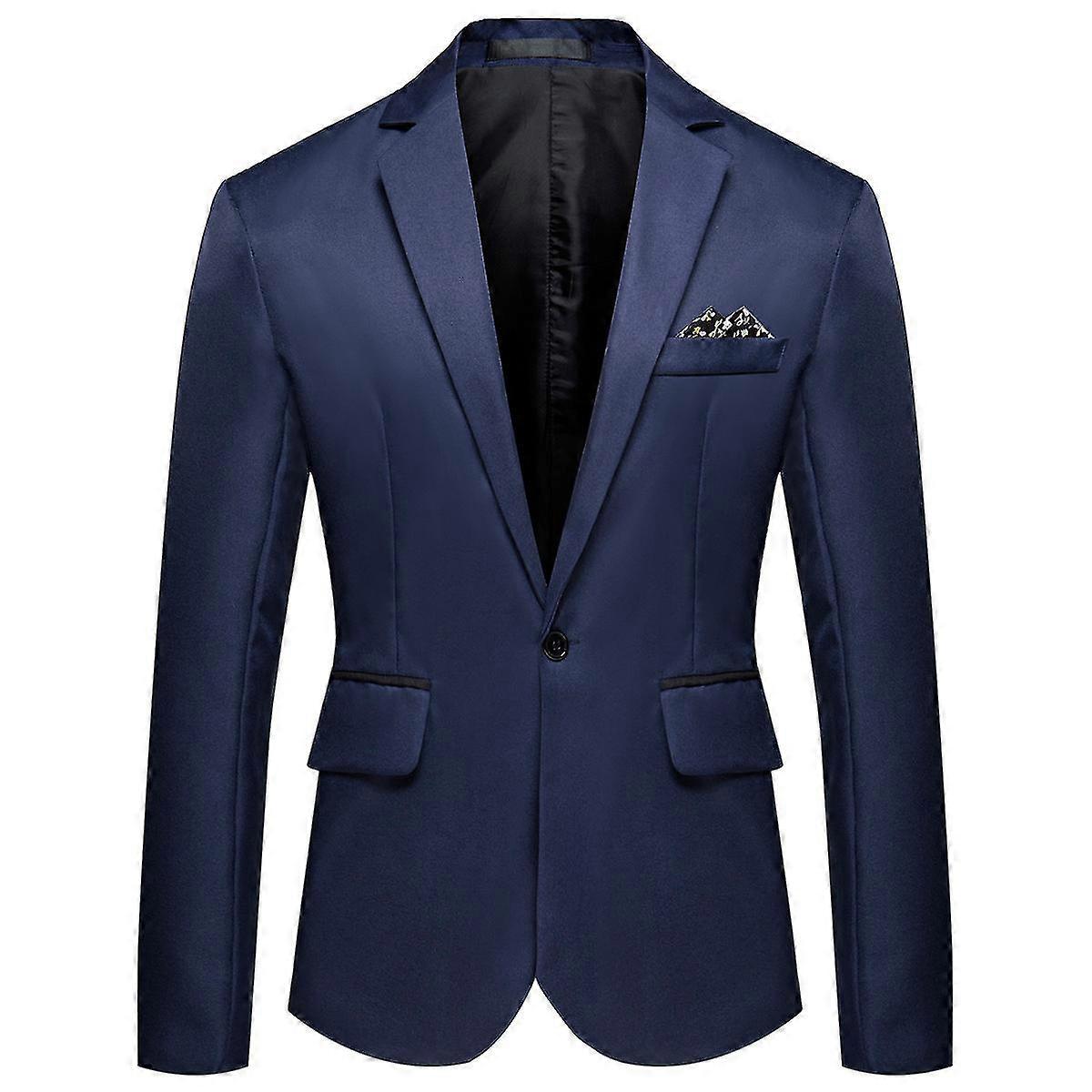 Mens Business Casual One Button Notched Lapel Solid Color Blazer Suit Jacket