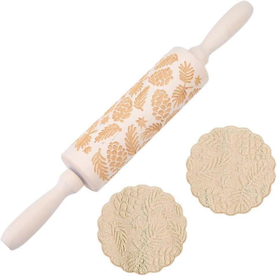 Christmas Embossed Wooden Rolling Pin Pine Branches Print 35cm Rolling Pin for Baking Biscuit 3D Pattern DIY Kitchen Tool Baking Accessories Homemade