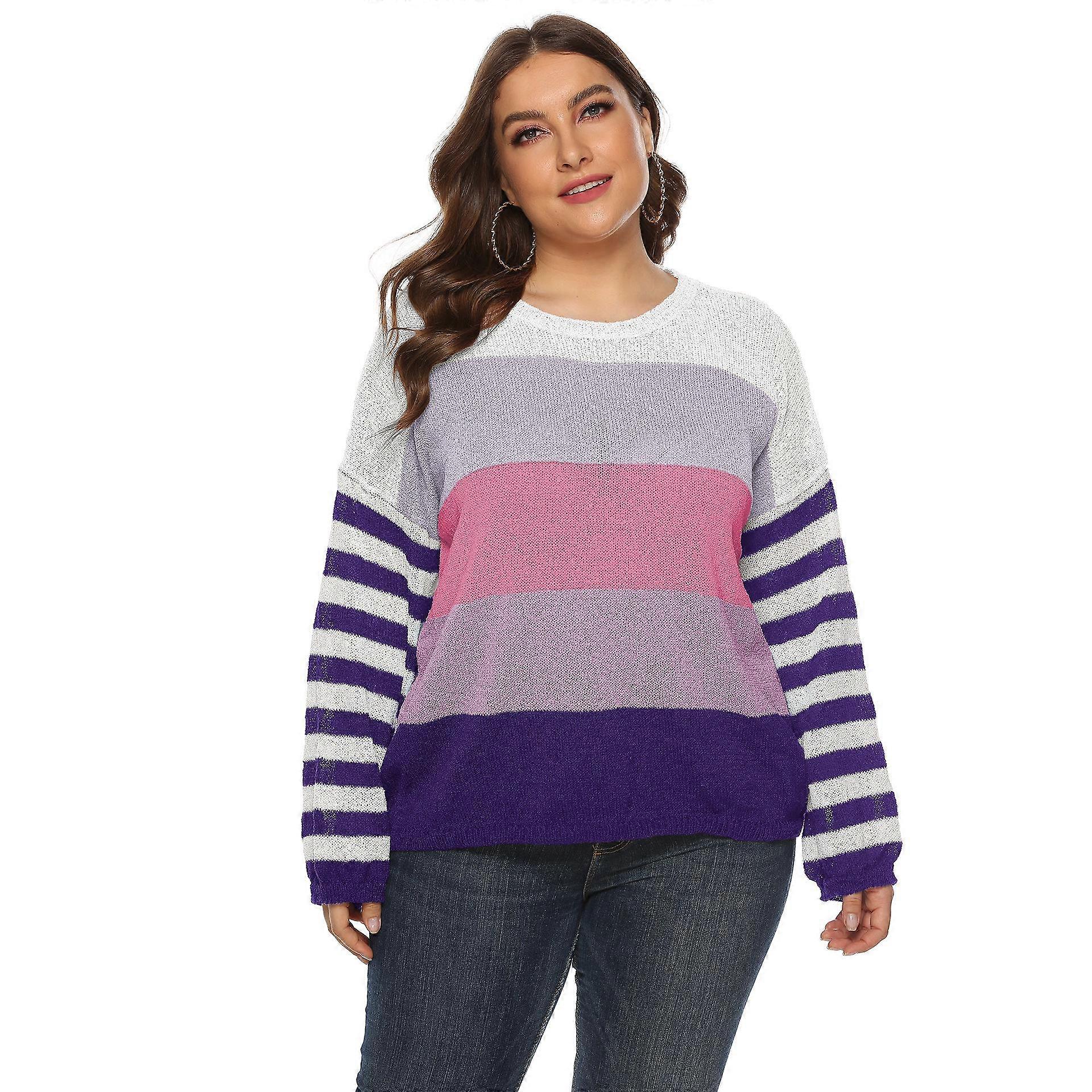 Women's Autumn and Winter Large Size Striped Clashing Colour Blocking Loose Woven Sweater