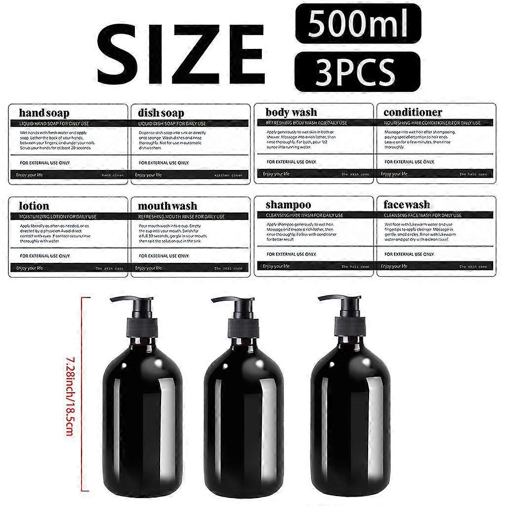 3 Pack Black/Brown/Green Lotion Soap Dispenser with Black Pump Reusable 500ml Empty Round Dispensing Container with 8pcs Waterproof Label