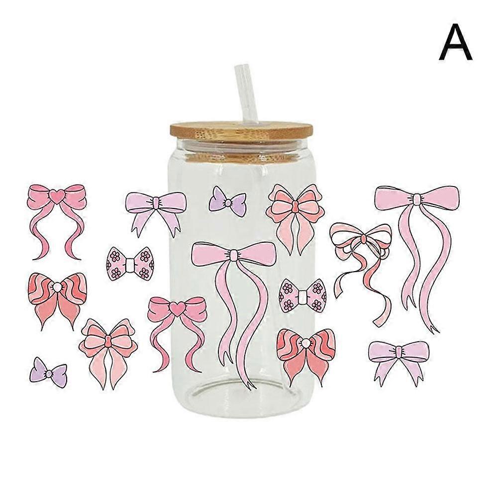 Mignon UV DTF Cup Wraps pour bouteille d’eau en verre de 16 oz, autocollants de transfert Bow Uvdtf