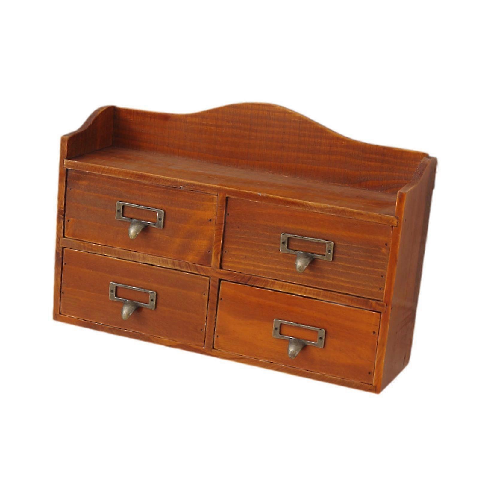 Wooden Storage Box with 4 Storage Drawers Cosmetic Box for Workspace Counter Brown