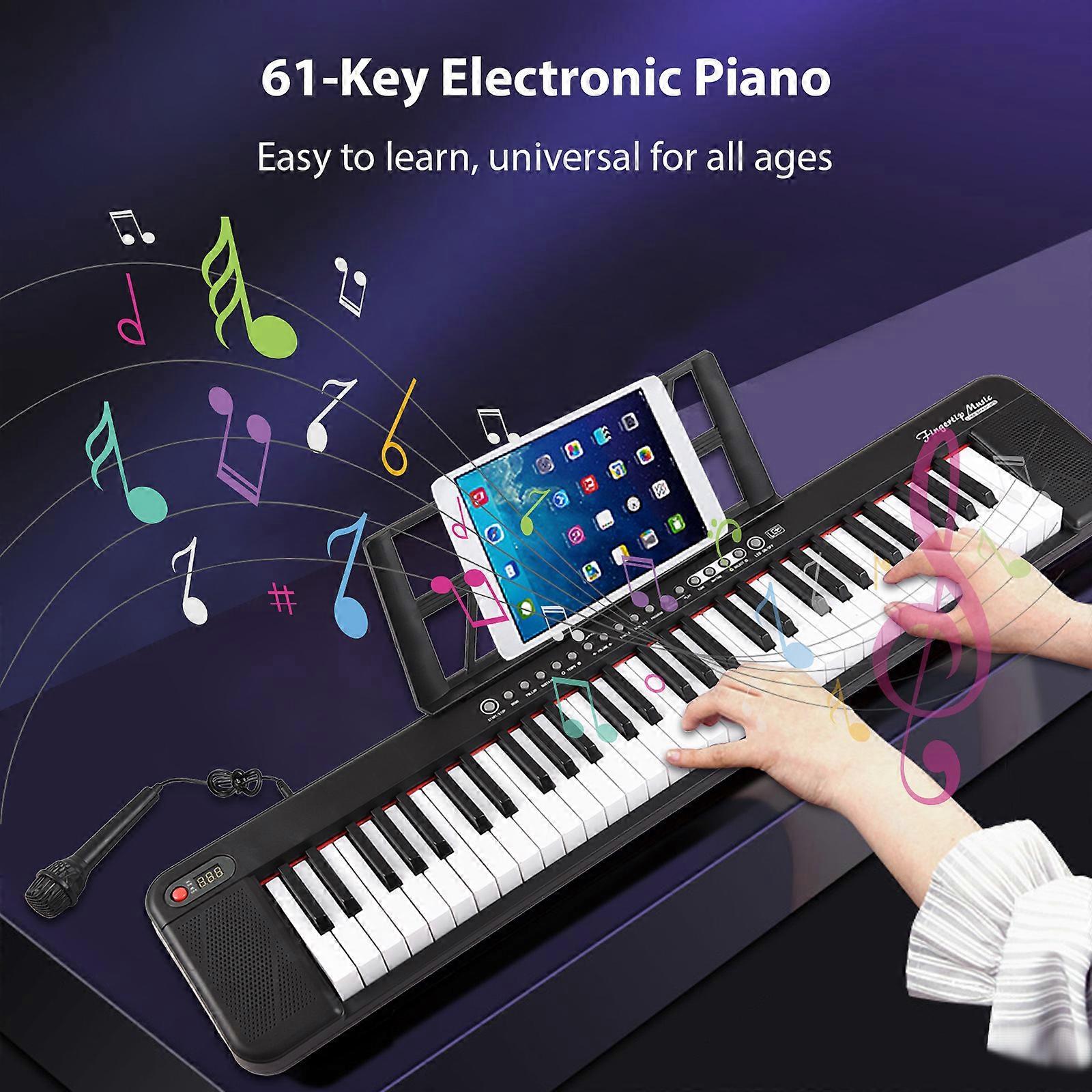 61-Key Portable Digital Piano Keyboard with Mic & Stand, Black