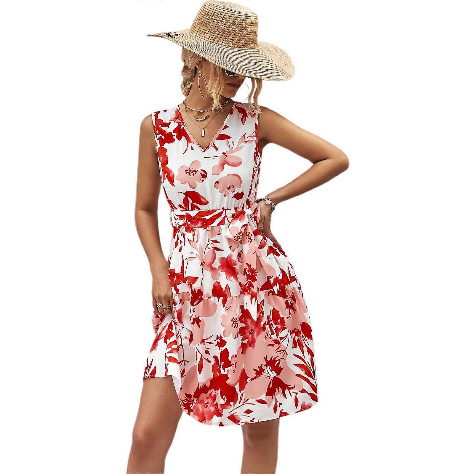 2023 Yaz Diz Boyu V Yaka Elbise Kolsuz Bel Askılı Elbiseler Bohem Çiçek Baskı Kadın Elbiseler Kızlar için Kırmızı XL