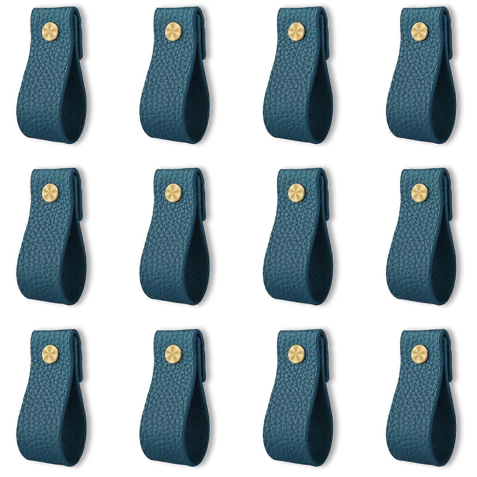 12 packs of leather drawer handles, handmade leather handles, leather buttons for cabinet drawers (teal blue)