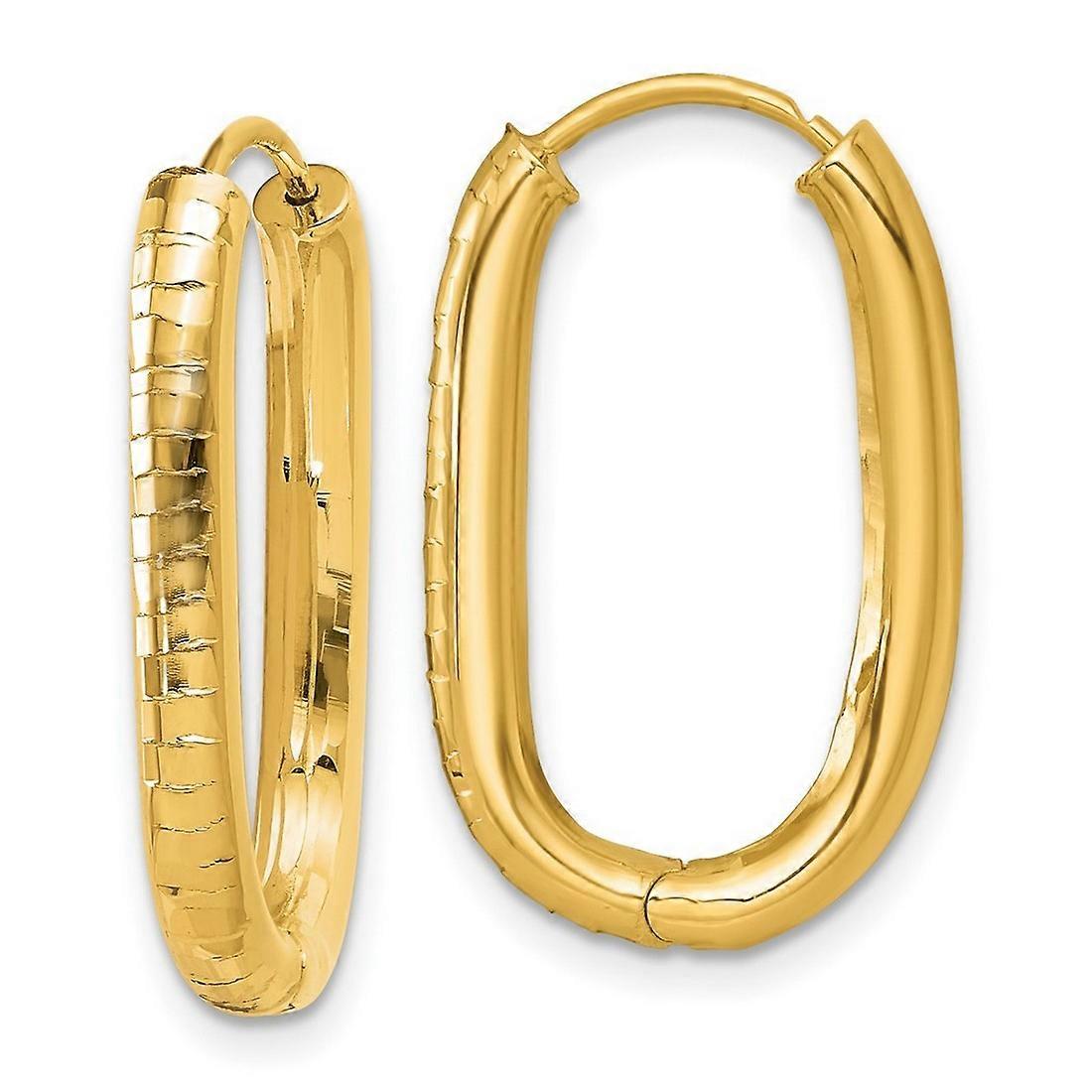 14Kソリッドイエローゴールドポリッシュと溝付き楕円形ヒンジ付きフープイヤリング25.3x15.1mm幅3.37mm厚フープイヤリングforome
