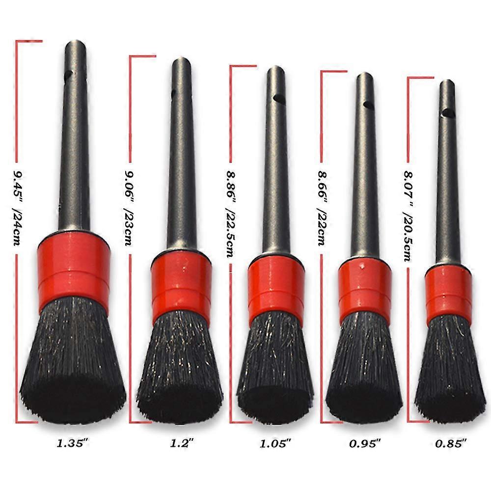Interior Detailing Brush Set - 5 Different Sizes Natural Boar Hair Mixed Fiber Plastic Handle Automotive Detail Brushes for Cleaning Wheels Engine