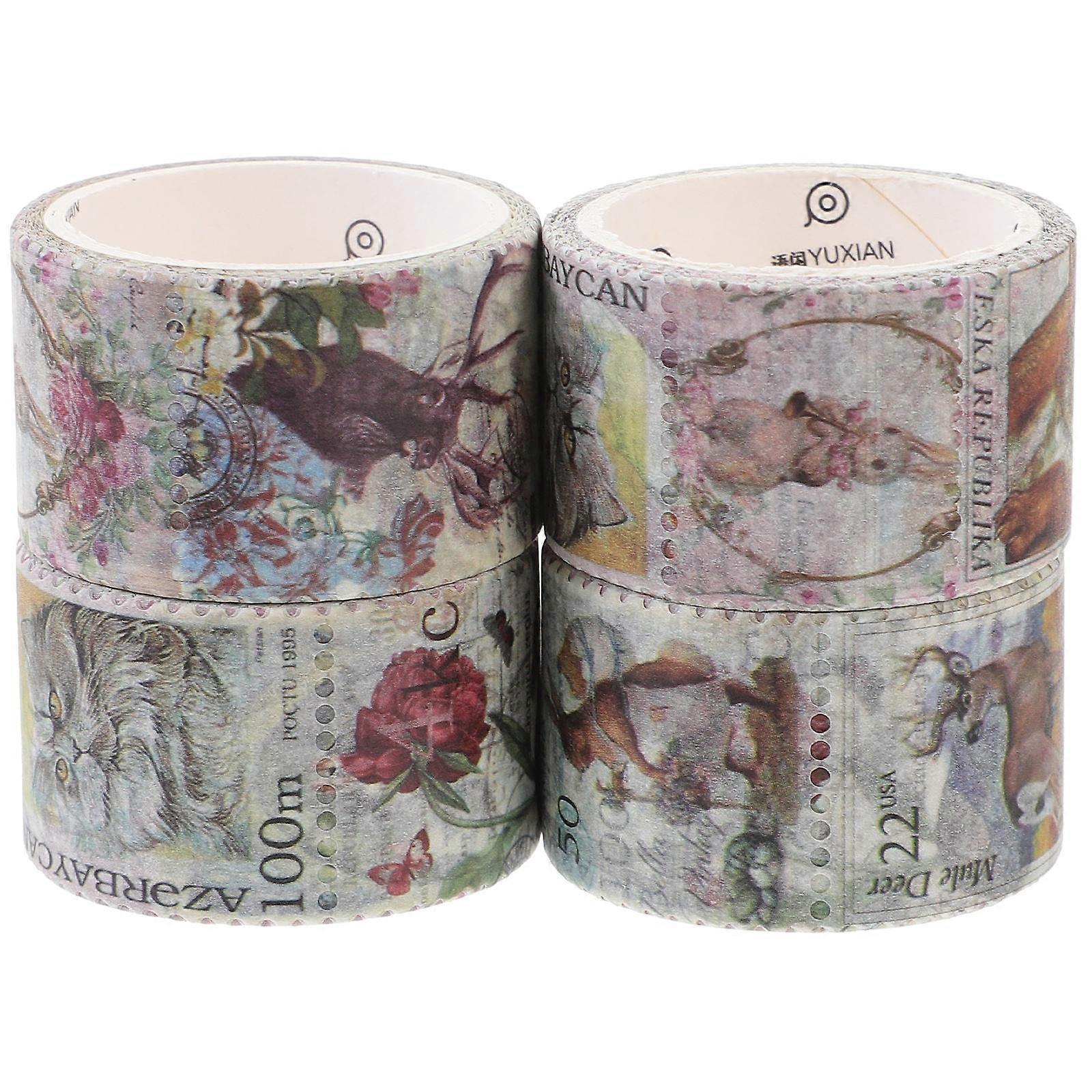 4 Rolls Retro Stamp Stickers Decorative DIY Scrapbook Diary Hand Account Sticker Random Style