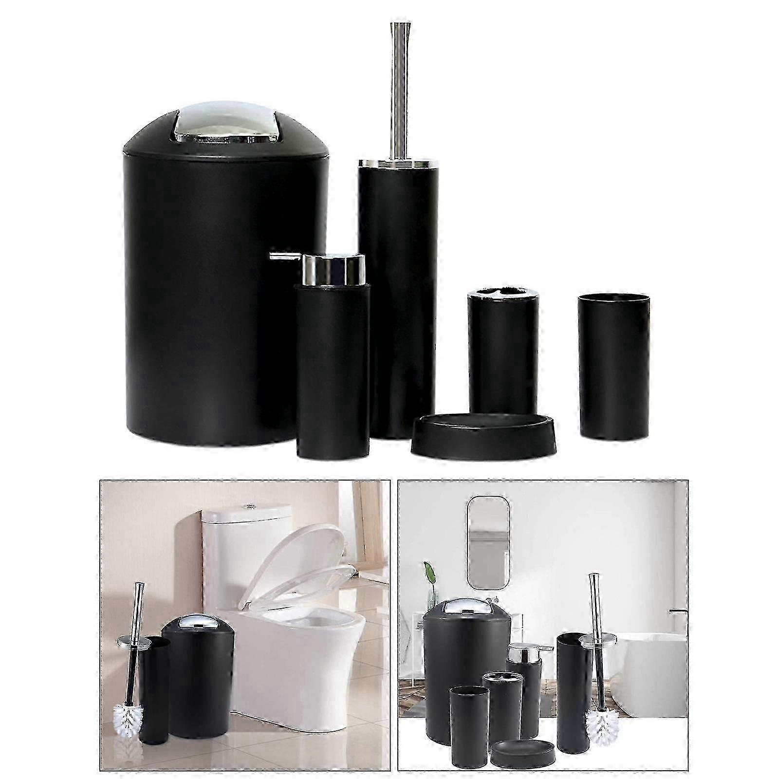 6PCSバスルームセット-ブラックタンブラー、歯ブラシホルダー、ソープディッシュ、ゴミ箱、トイレブラシ