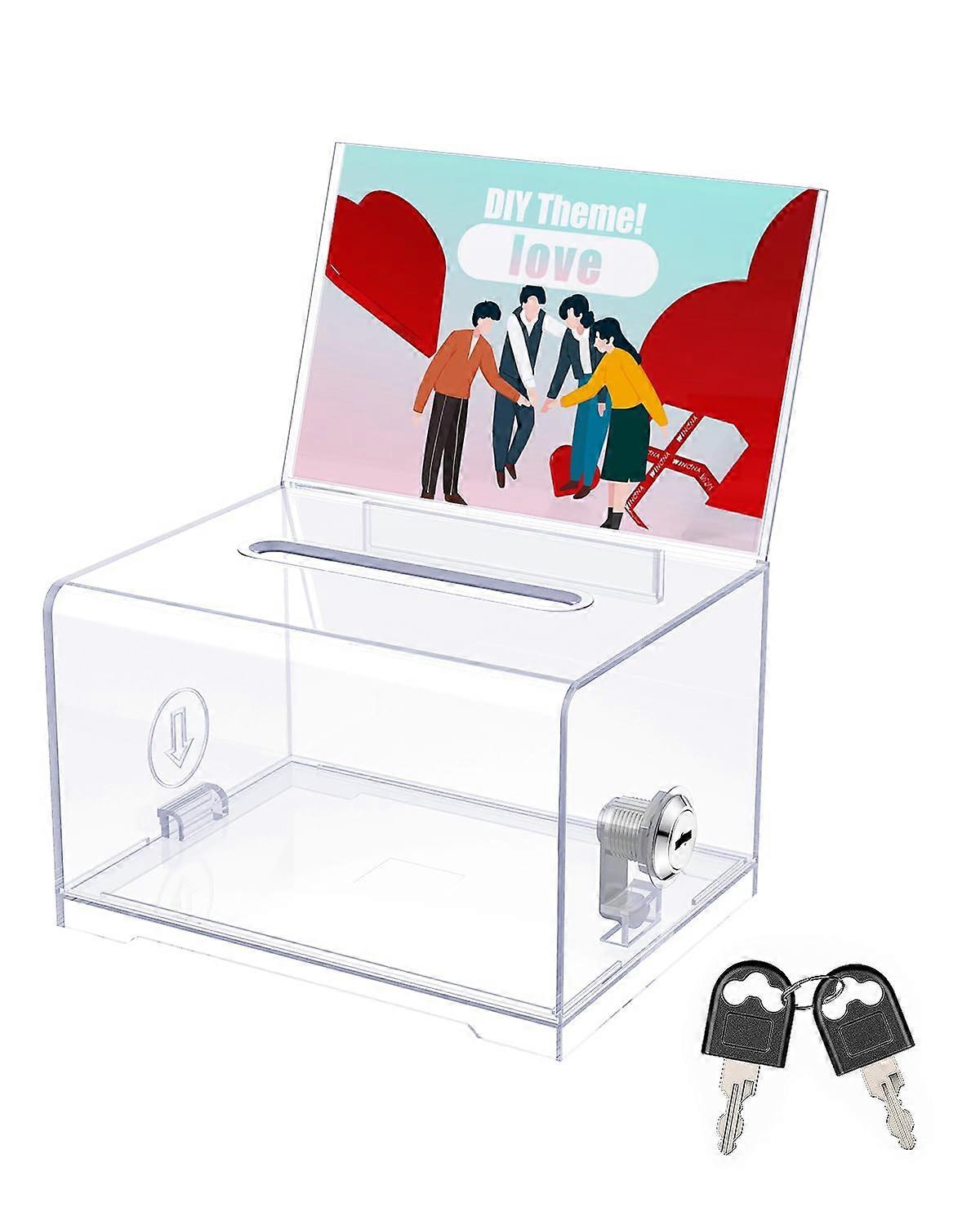 Acrylic Donation Box with Lock and Sign Holder, Clear Voting Box for Fundraising and Suggestion, 15.7 x 12 x 10.2 cm, 1 Pack