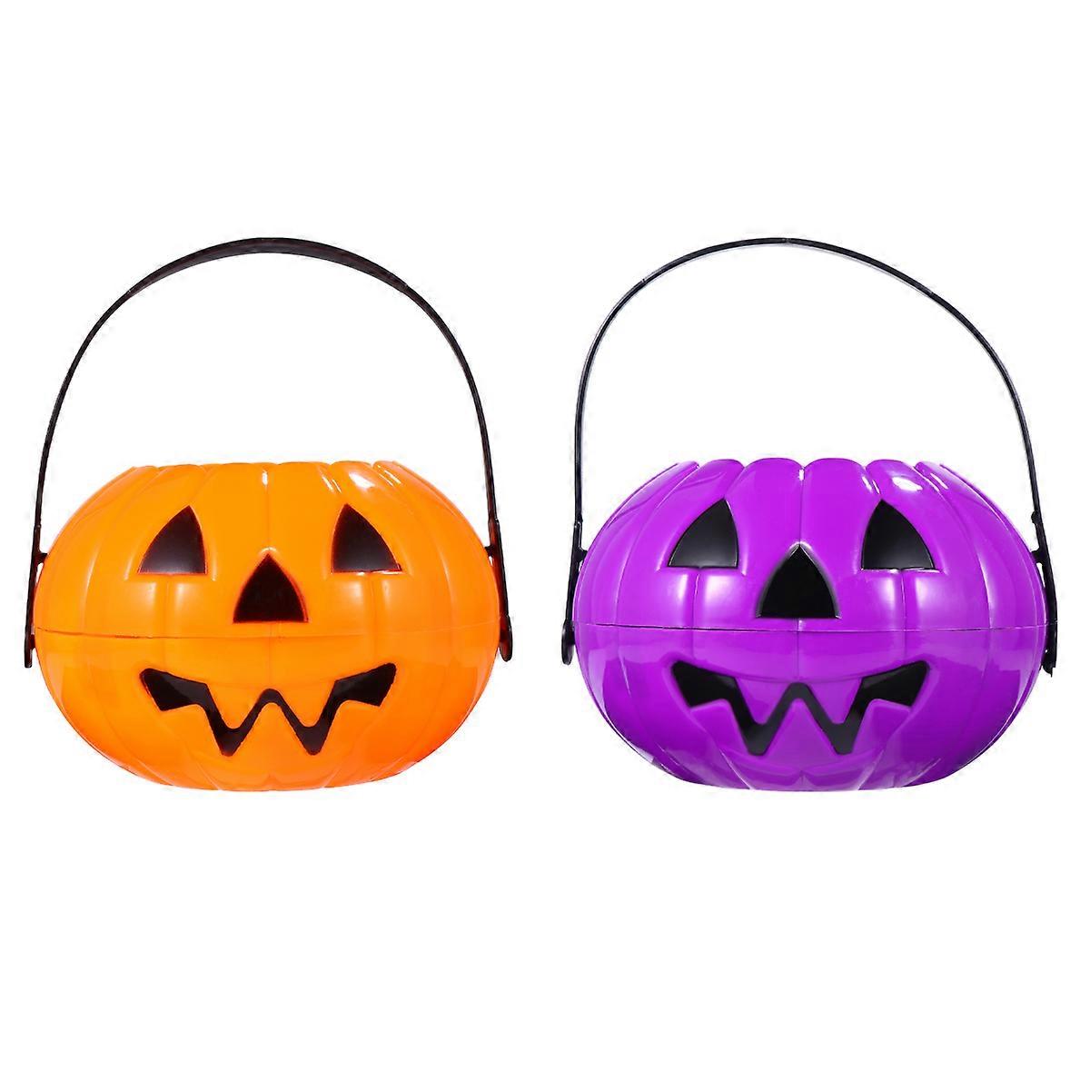 Halloween Plastic Pumpkin Buckets with Handle 2pcs Set Safe Material, Portable Candy Holders for Trick or Treat Party Decorations, Random Color