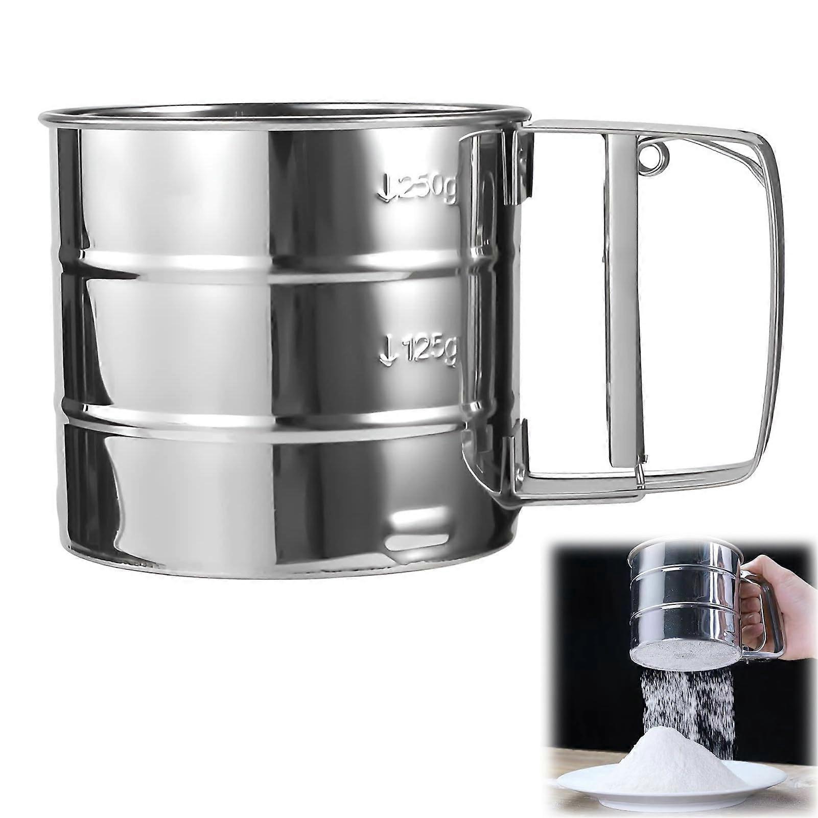 Flour Sieve 15 x 10 x 9.4 cm, 250 g Capacity, Ideal for Baking, Stainless Steel Kitchen Tool