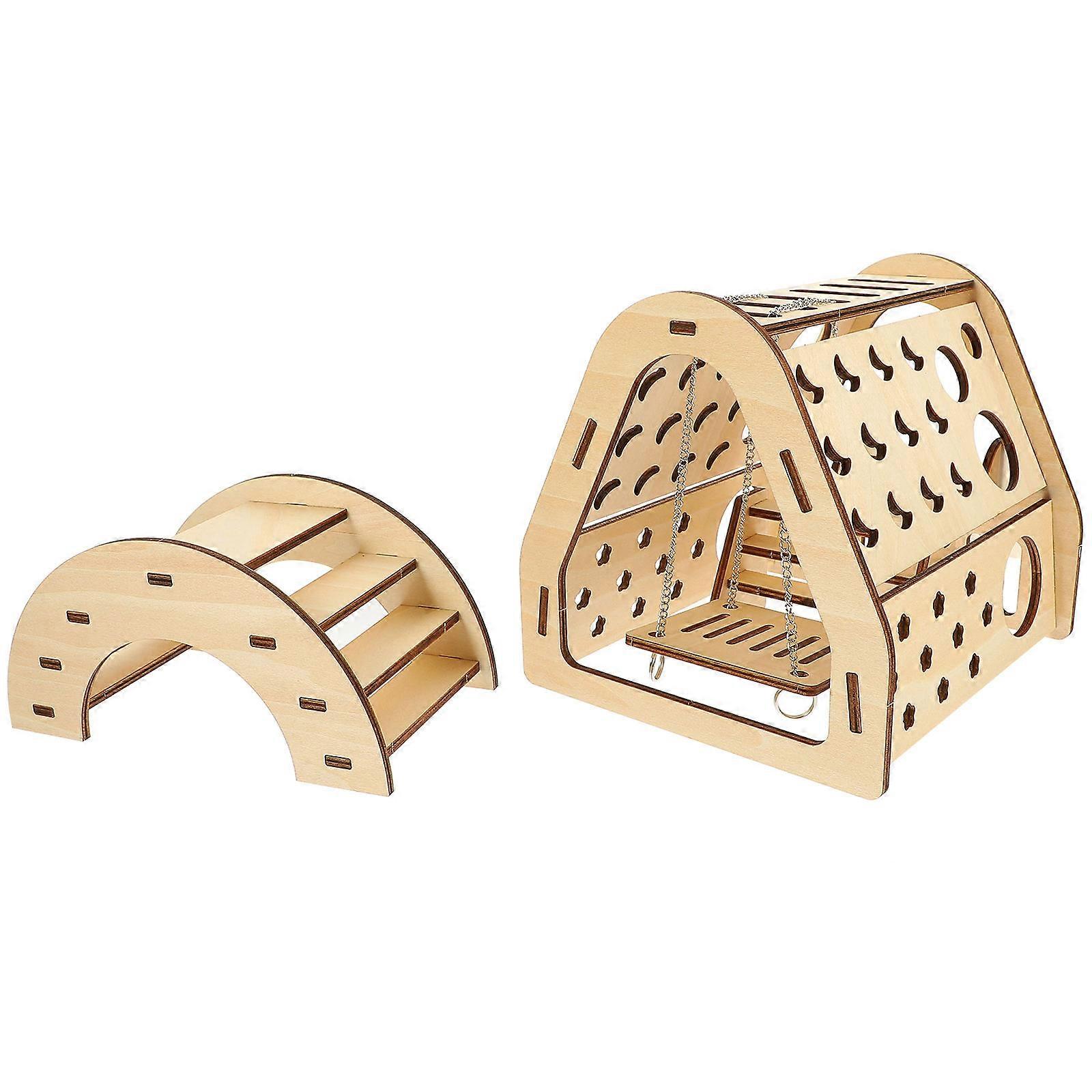 Diy Wooden Hamster Hideout with Slide and Bridge – Easy Assembly Small Animal House for Hamsters and Chinchillas – Natural Wood Cage Accessory