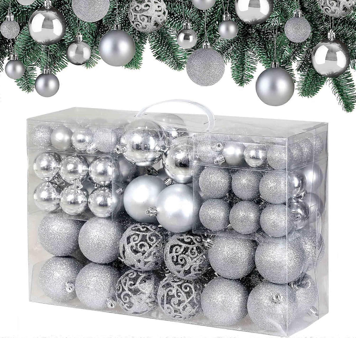Set of 100 Christmas Tree Balls | Christmas Decoration Balls with Hooks | 32 x Ø30 mm 36 x Ø40 mm 32 x Ø60 mm | Silver