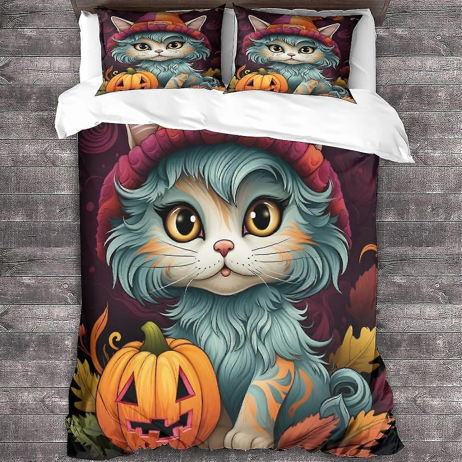 3D Halloween Pattern Printed Cat Duvet Cover Set, Soft Microfiber Animal Quilt Cover for Double Beds