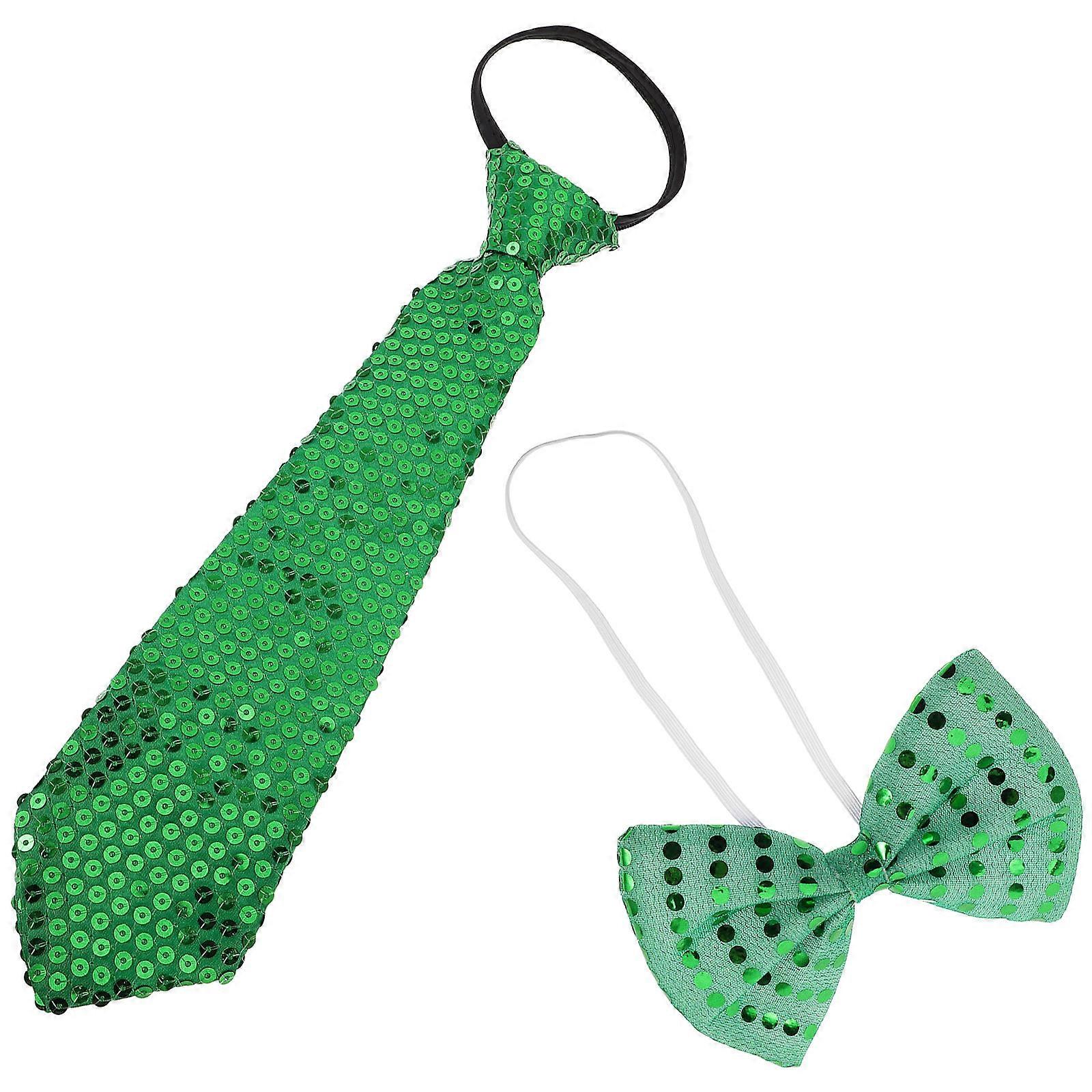 Irish Design Sequin Bow Tie And Necktie Set Green Color For St Patricks Day Parties Weddings 1Set