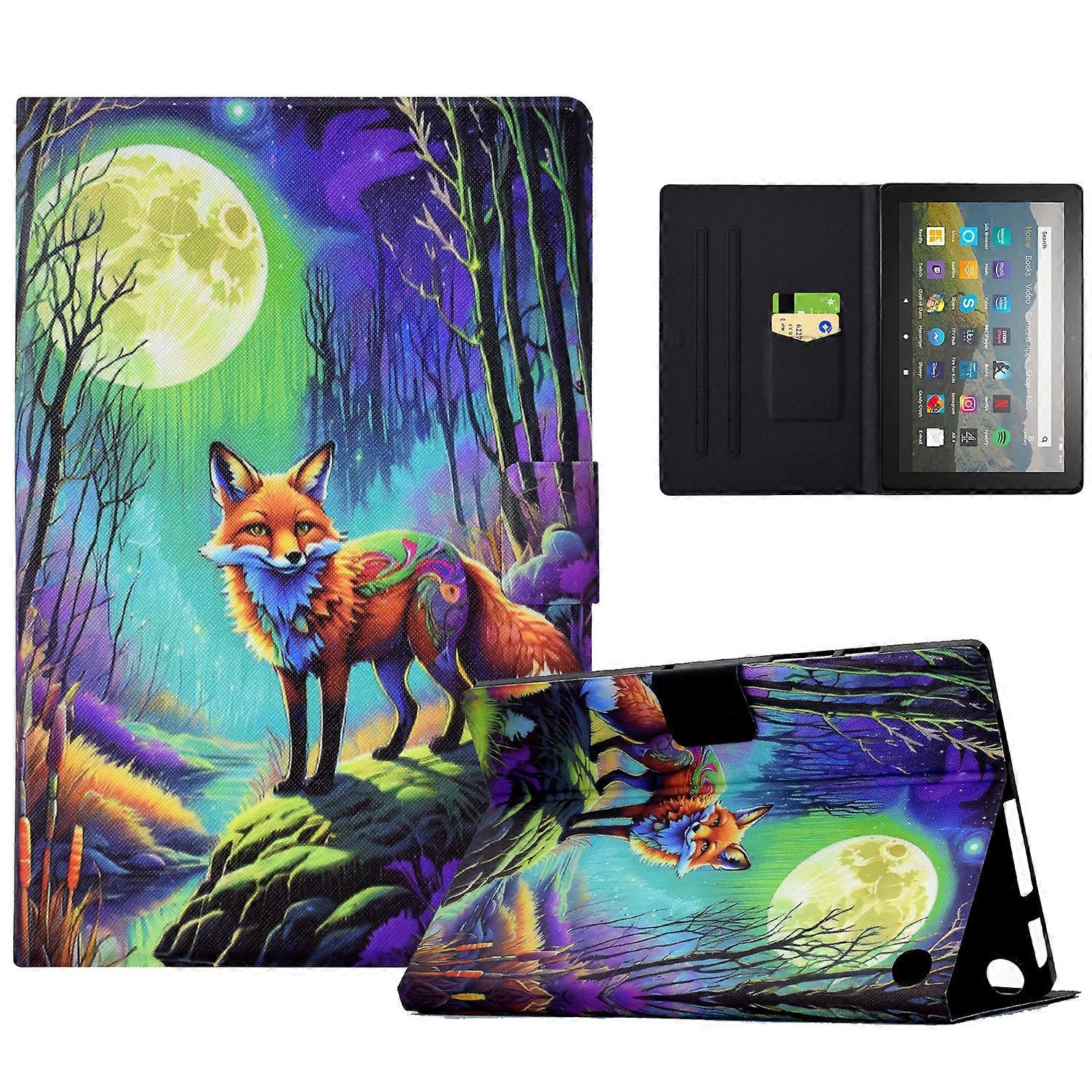 TKdaddy ل Amazon Fire HD 8 (2020) (2022) فتحات بطاقة طباعة نمط العلبة جلد غطاء القارئ الإلكتروني ضوء القمر الثعلب