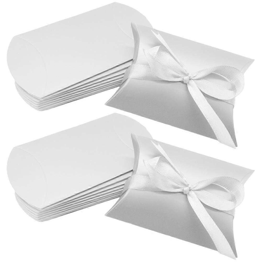50pcs Silver Pillow Boxes for Candy, Chocolates, Weddings, Birthdays, Christmas, DIY Assembly with Ribbon, Special Occasions