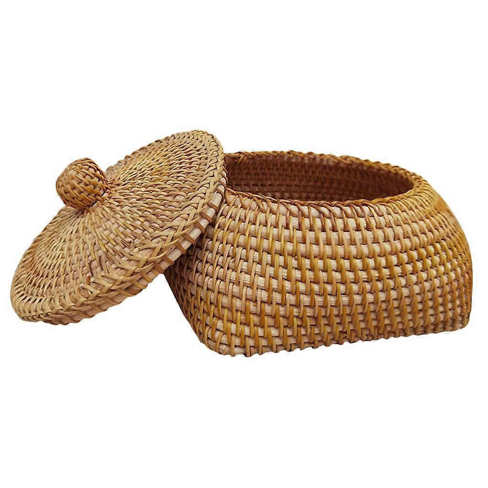 Light Brown Woven Basket with Lid for Decoration Straw Material Perfect for Kitchen or Home Storage 7.5 x 4.5 x 4.5 Inches