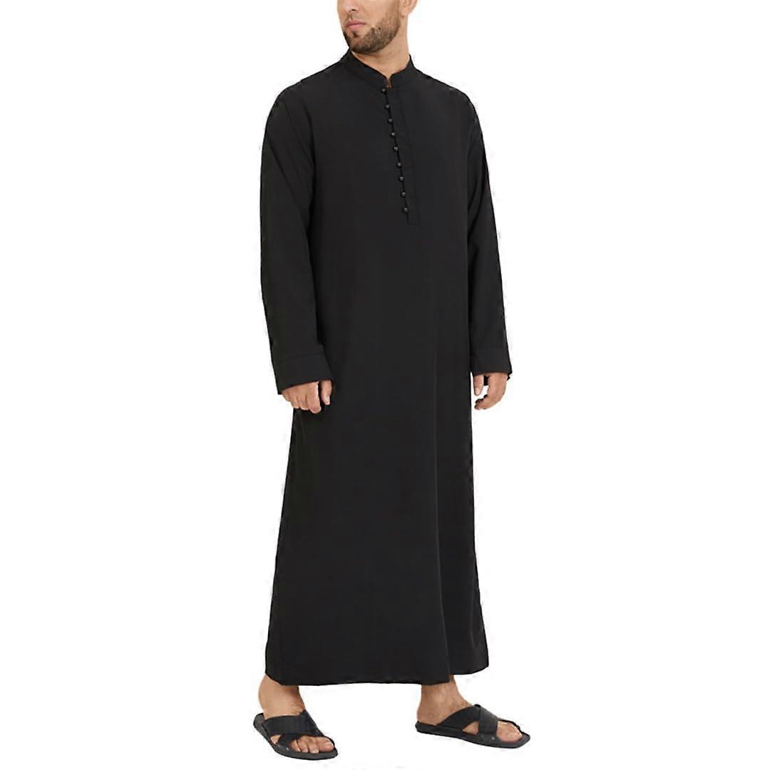 Hommes musulmans caftan couleur unie manches longues mince col montant islamique arabe caftan 3XL noir