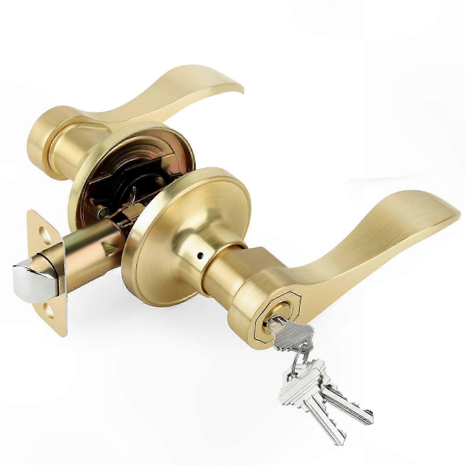 Brushed Brass Reversible Door Handle with Lock for Left and Right Doors Entry Set