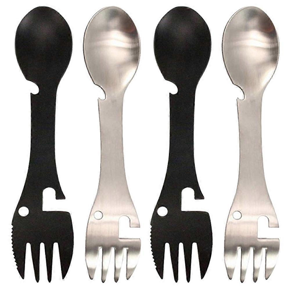 Camping Survival Fork Spoon Multi-Functional Cutlery for Picnic Mountaineering Stainless Steel Assorted Color 4Pcs