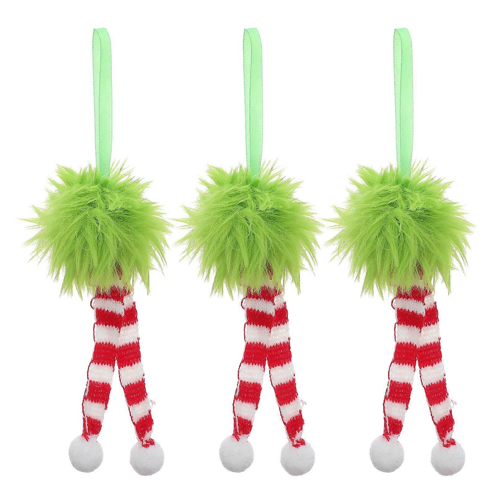 3pcs Christmas Tree Hanging Ornaments With Striped Scarf - Christmas Green Pom Pom Holiday Decorations For Fireplace Mantel