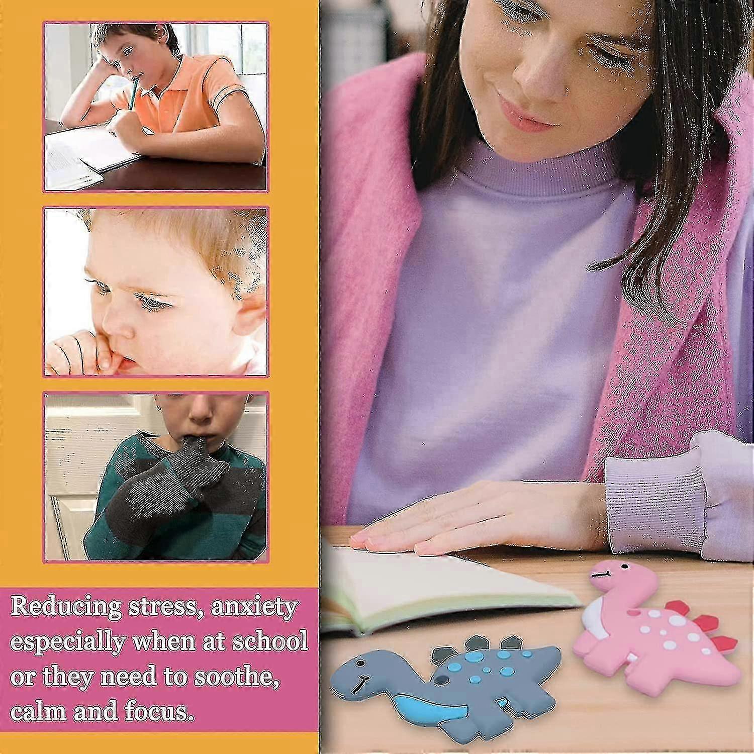 Çocuklar, Erkekler ve Kızlar İçin Duyusal Çiğneme Kolyeleri - Otizm, DEHB, Spd, Yetişkinler İçin Oral Motor Çiğneme Kolyeleri için 2 Paket Dinozor Silikon Çiğneme Oyuncakları