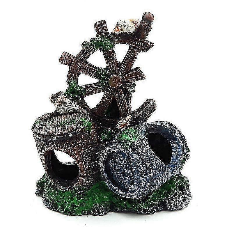 Aquarium Fish Tank Landscaping Reptile Box Fish Shrimp Cichlid Fish Avoid Cave Nest Simulation Resin Dilapidated Wine Barrel Decoration, 12.5*7*14cm Q