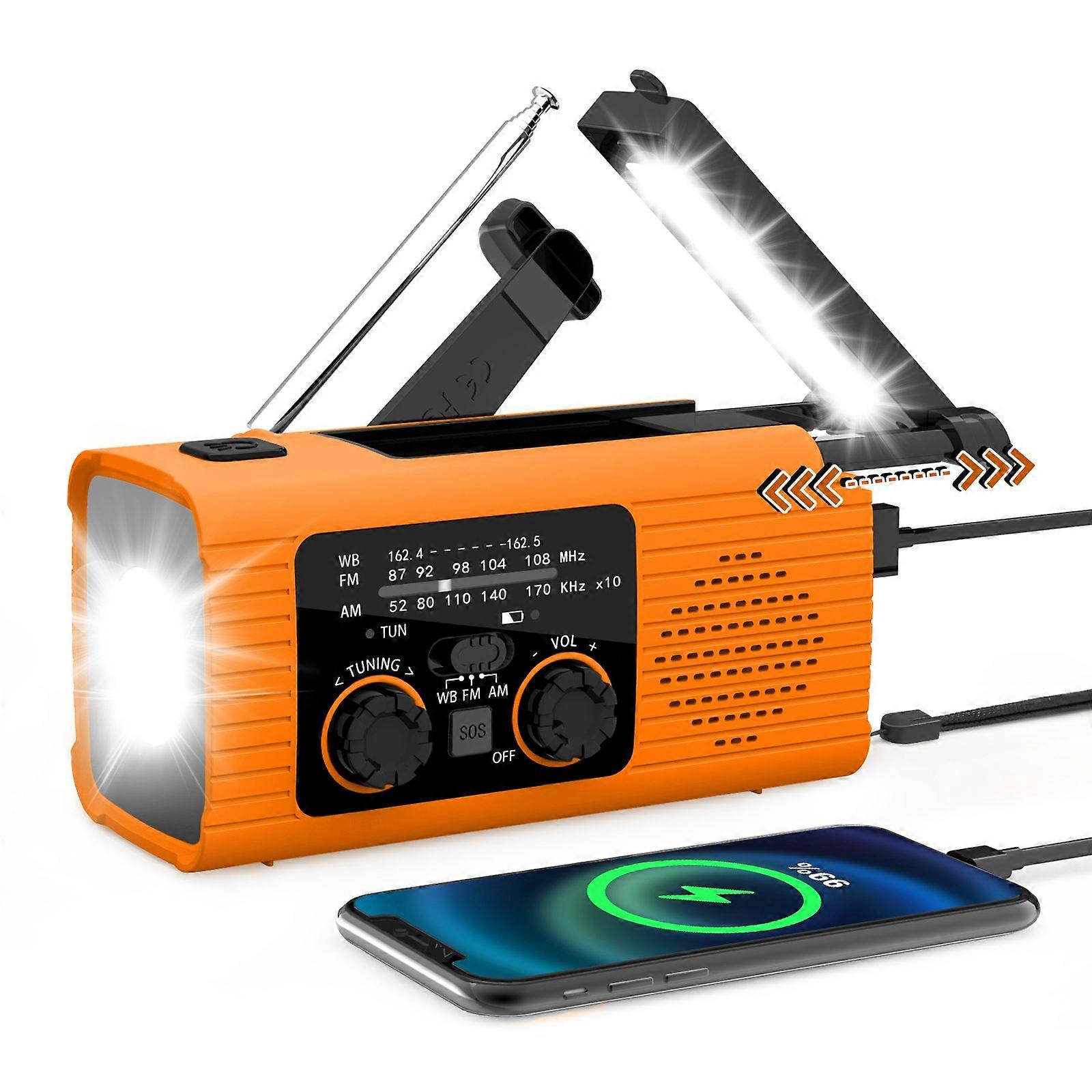 Emergency Portable Radio with Hand Crank and 2000mAh Solar Power Orange Color