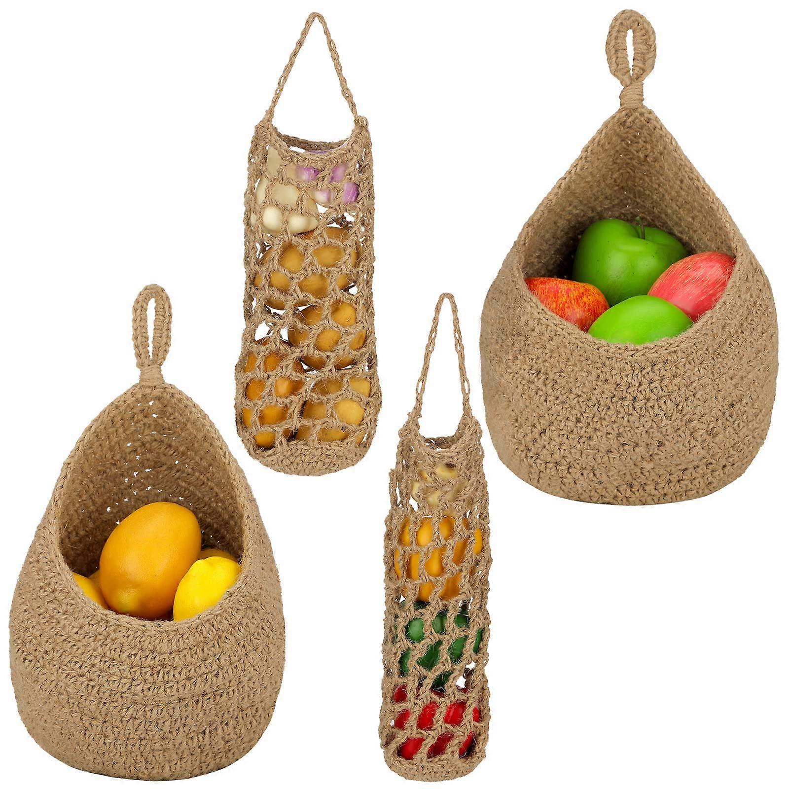 4 Pcs Hanging Storage Baskets for Fruits, Vegetables, Kitchen Organizing, Boho Style, Khaki