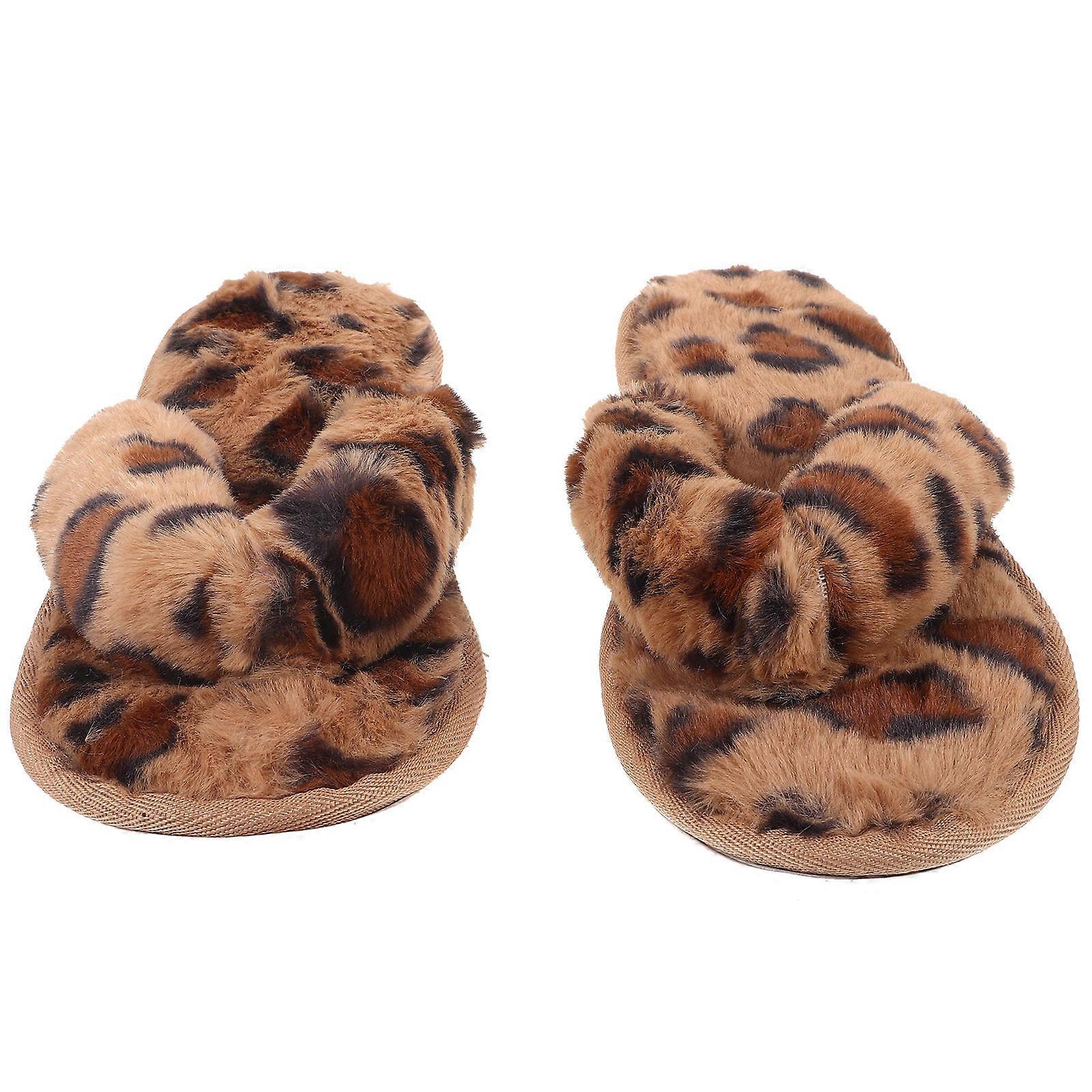 Women’s Slippers Leopard Pattern Warm Plush Indoor Slippers Non-Skid Comfortable Size 37/38 1 Pair