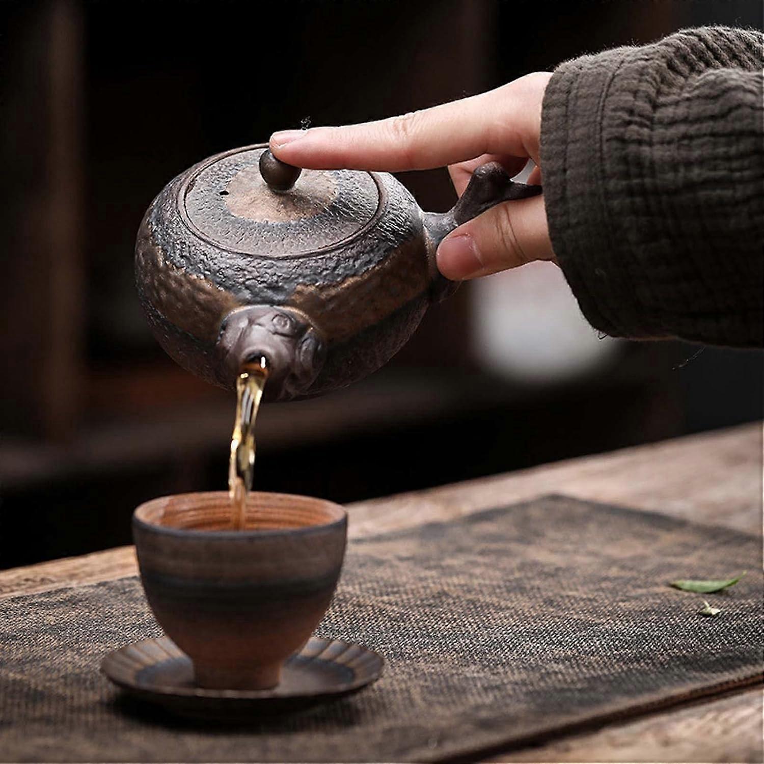 Portable Travel Teapot Chinese Style Stoneware Handmade Withered Wood SideHandle Retro Ceramic Kung Fu Tea Set