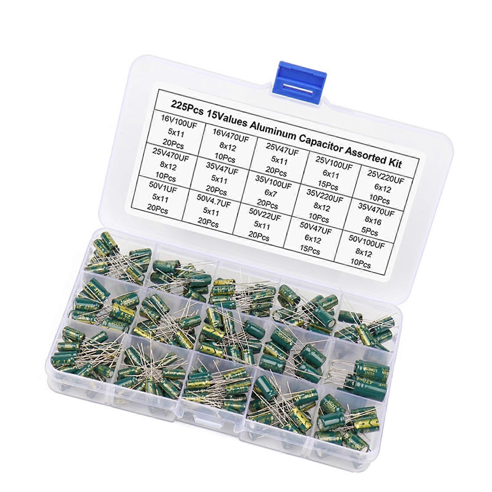Comprehensive 225PCS Aluminum Capacitor Set Plastic Capacitor Collection 15 Value for Electronics Repair & DIY Projects Multicolor