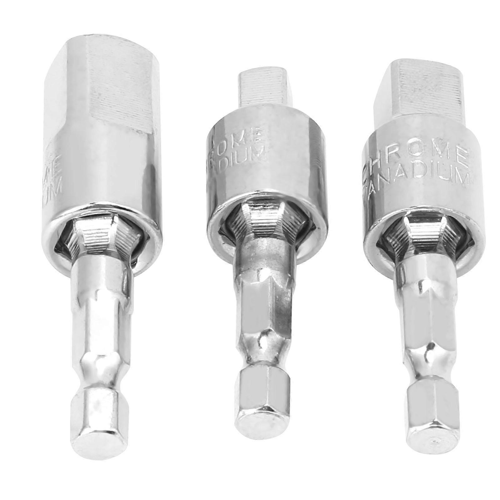 3Pcs Power Drill Socket Set Metal Hex Shank Square Adapter 360 Degree Rotatable Silver