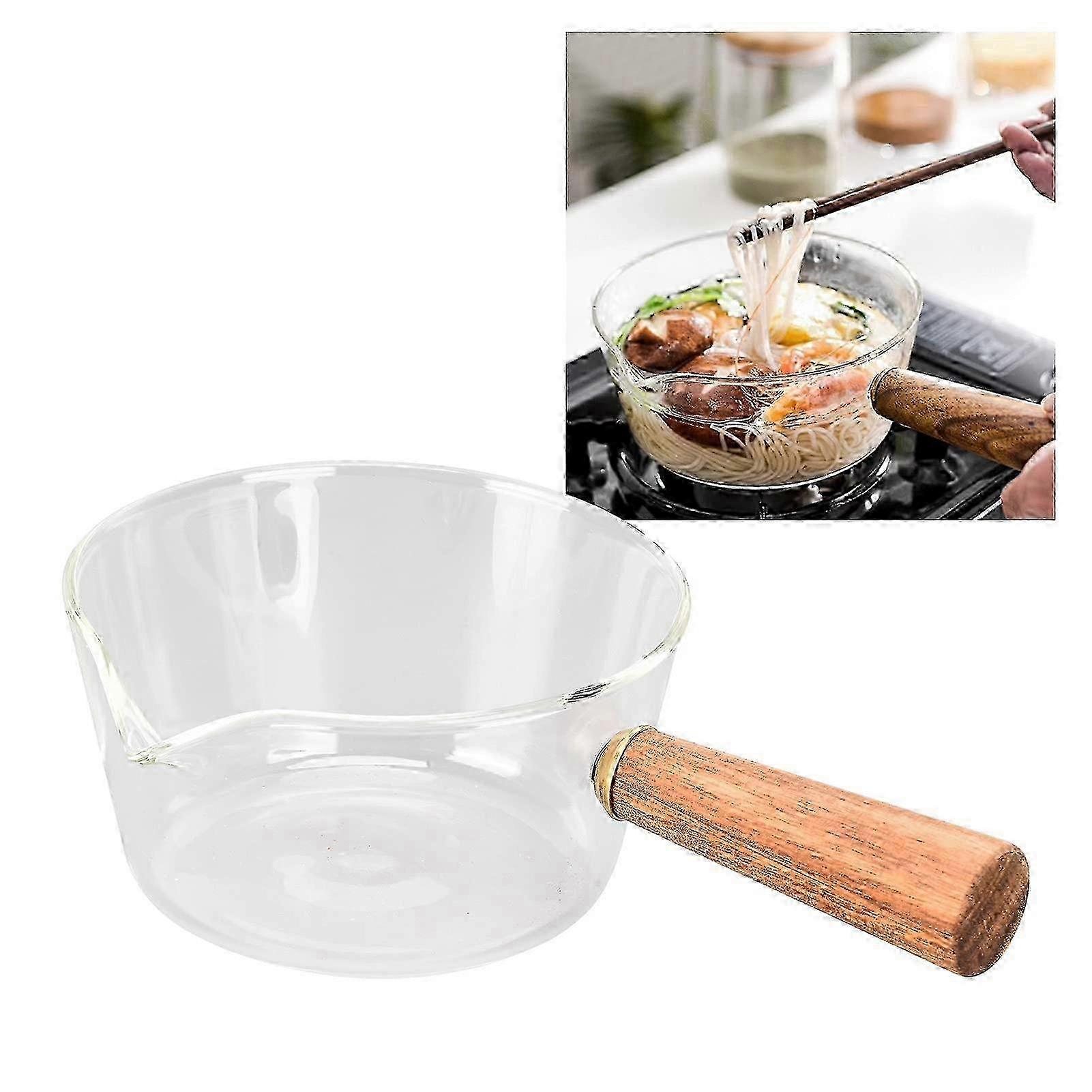 Clear glass noodle pot with wooden handle milk pan espresso measuring cups butter warmer 400ml frothing pitcher
