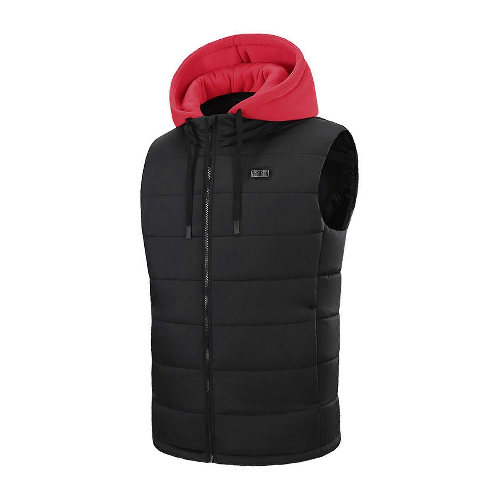Men’s Rechargeable Heated Vest Removable Insulated Hood Windproof Polyester Jacket For Autumn Winter  Red XL