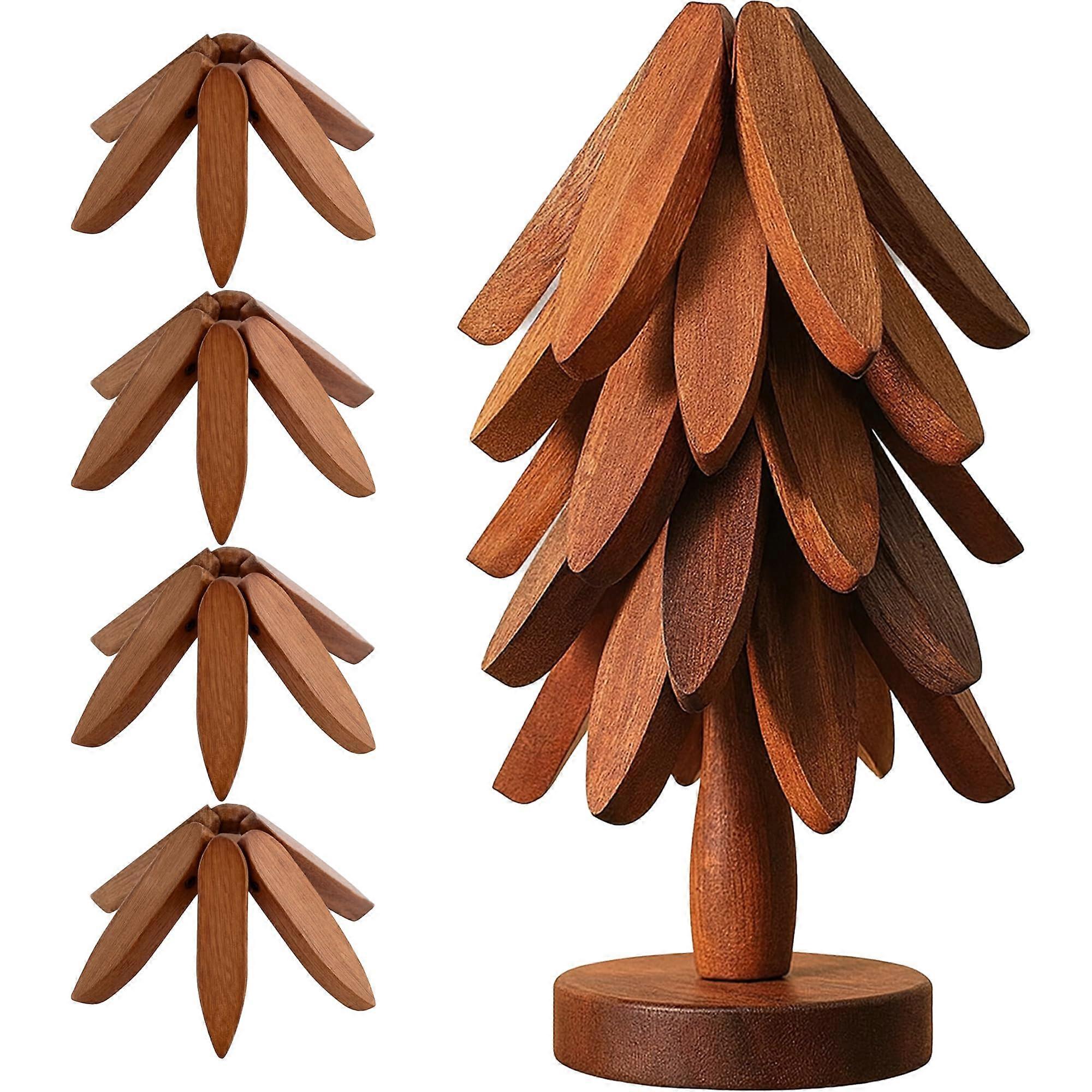 Wooden Trivet Set in Sustainable Walnut – 4 Foldable Heat Resistant Tree Design Trivets with Stand